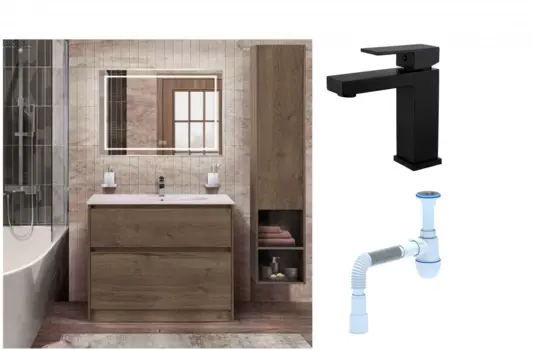 Комплект: Мебель для ванной BelBagno Kraft 100 + Смеситель Haiba HB10803-7 черный + Сифон АниПласт 533336 + HB10803-7 + C2015xrv