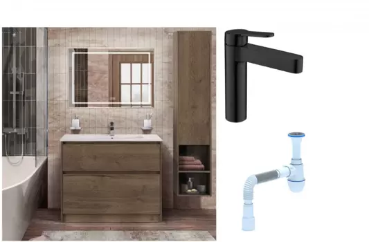 Комплект: Мебель для ванной BelBagno Kraft 100 + Смеситель для раковины BelBagno Delta DEL-LVM-NERO, черный + Сифон АниПласт 533336 + SNPDEL-LVM-NERO + C2015xrv