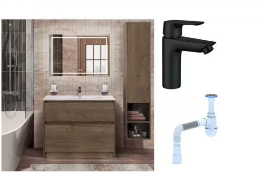 Комплект: Мебель для ванной BelBagno Kraft 100 + Смеситель Aquanet Static AF330-10B для раковины, чёрный + Сифон АниПласт 533336 + SNPAF330-10B + C2015xrv