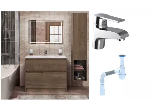 Комплект: Мебель для ванной BelBagno Kraft 100 + Смеситель Agger Right A2902100 для раковины, хром + Сифон АниПласт 533336 + SNPA2902100 + C2015xrv