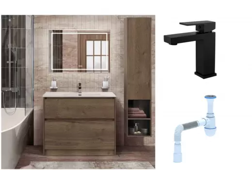 Комплект: Мебель для ванной BelBagno Kraft 100 + Смеситель Haiba HB10803-7 черный + Сифон АниПласт 533340 + HB10803-7 + C2015xrv