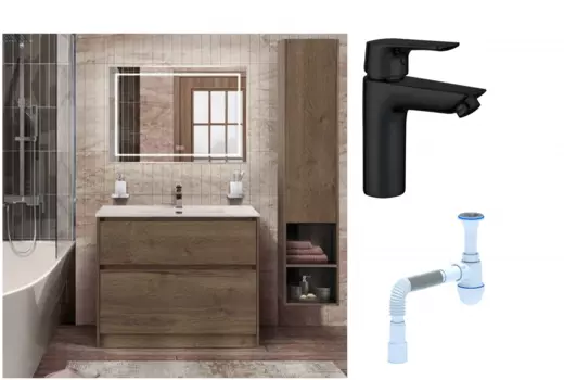 Комплект: Мебель для ванной BelBagno Kraft 100 + Смеситель Aquanet Static AF330-10B для раковины, чёрный + Сифон АниПласт 533340 + SNPAF330-10B + C2015xrv