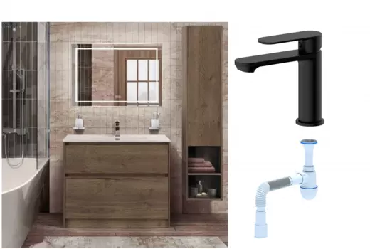 Комплект: Мебель для ванной BelBagno Kraft 100 + Смеситель для раковины Haiba HB10590-7, черный + Сифон АниПласт 533340 + SNPHB10590-7 + C2015xrv