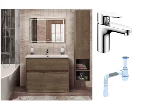 Комплект: Мебель для ванной BelBagno Kraft 100 + Смеситель Wasserkraft Leine 3503 для раковины, хром + Сифон АниПласт 533340 + SNP3503 + C2015xrv