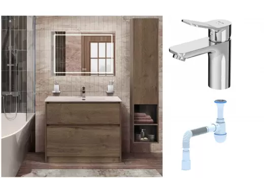 Комплект: Мебель для ванной BelBagno Kraft 100 + Смеситель Am.Pm X-Joy F85A02100 для раковины, хром + Сифон АниПласт 533340 + SNPF85A02100 + C2015xrv