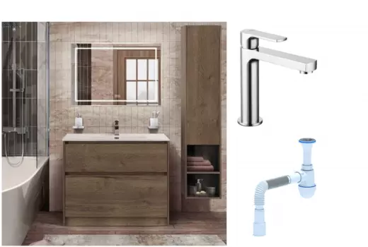 Комплект: Мебель для ванной BelBagno Kraft 100 + Смеситель Lemark plus Grace LM1537C для раковины, хром + Сифон АниПласт 533340 + SNPLM1537C + C2015xrv