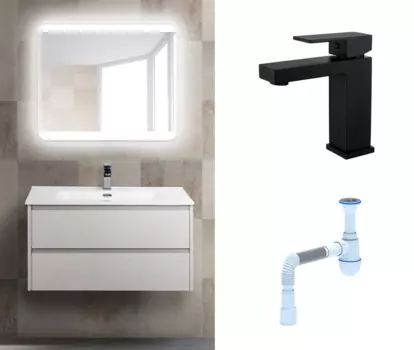 Комплект: Мебель для ванной BelBagno Kraft 39 80 bianco opaco + Смеситель Haiba HB10803-7 черный + Сифон АниПласт 134385+HB10803-7+C2015xrv