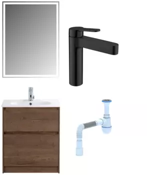 Комплект: Мебель для ванной BelBagno Kraft 60 + Смеситель для раковины BelBagno Delta DEL-LVM-NERO, черный + Сифон АниПласт 533329 + SNPDEL-LVM-NERO + C2015xrv