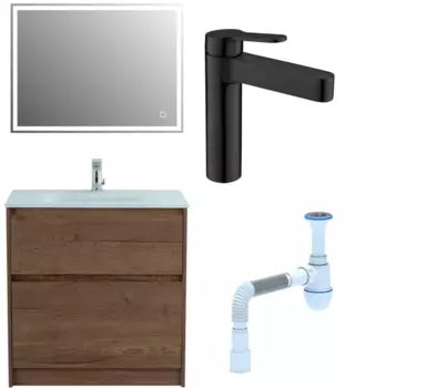 Комплект: Мебель для ванной BelBagno Kraft 80 + Смеситель для раковины BelBagno Delta DEL-LVM-NERO, черный + Сифон АниПласт 533314 + SNPDEL-LVM-NERO + C2015xrv