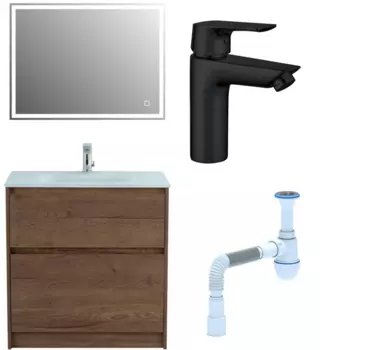 Комплект: Мебель для ванной BelBagno Kraft 80 + Смеситель Aquanet Static AF330-10B для раковины, чёрный + Сифон АниПласт 533314 + SNPAF330-10B + C2015xrv