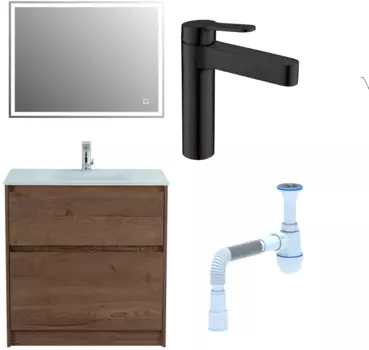 Комплект: Мебель для ванной BelBagno Kraft 80 + Смеситель для раковины BelBagno Delta DEL-LVM-NERO, черный + Сифон АниПласт 533318 + SNPDEL-LVM-NERO + C2015xrv