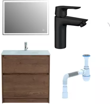 Комплект: Мебель для ванной BelBagno Kraft 80 + Смеситель Aquanet Static AF330-10B для раковины, чёрный + Сифон АниПласт 533318 + SNPAF330-10B + C2015xrv