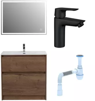 Комплект: Мебель для ванной BelBagno Kraft + Смеситель Aquanet Static AF330-10B для раковины, чёрный + Сифон АниПласт 533342 + SNPAF330-10B + C2015xrv