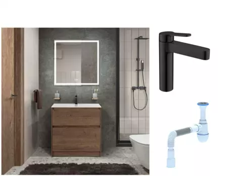 Комплект: Мебель для ванной BelBagno Kraft + Смеситель для раковины BelBagno Delta DEL-LVM-NERO, черный + Сифон АниПласт 533345 + SNPDEL-LVM-NERO + C2015xrv