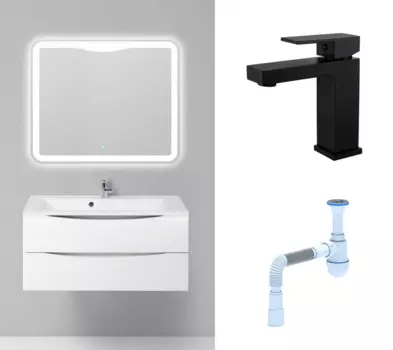 Комплект: Мебель для ванной BelBagno Marino 100 bianco lucido + Смеситель Haiba HB10803-7 черный + Сифон АниПласт 107101+HB10803-7+C2015xrv