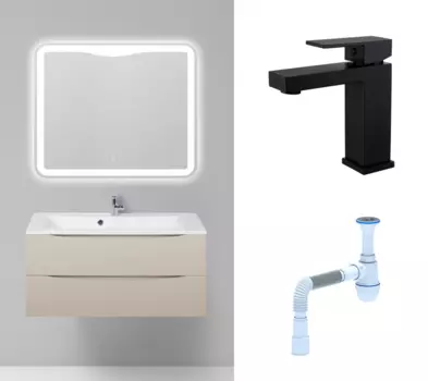 Комплект: Мебель для ванной BelBagno Marino 100 crema opaco + Смеситель Haiba HB10803-7 черный + Сифон АниПласт 107108+HB10803-7+C2015xrv