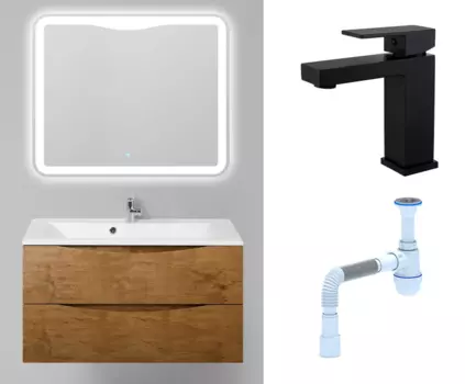 Комплект: Мебель для ванной BelBagno Marino 100 rovere nature + Смеситель Haiba HB10803-7 черный + Сифон АниПласт 107144+HB10803-7+C2015xrv