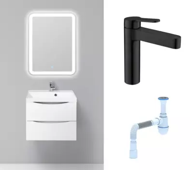 Комплект: Мебель для ванной BelBagno Marino 60 bianco lucido + Смеситель BelBagno Delta DEL-LVM-NERO черный + Сифон АниПласт 106292+DEL-LVM-NERO+C2015xrv