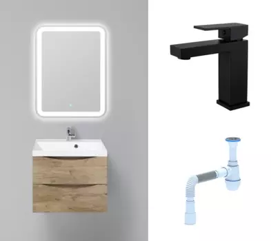 Комплект: Мебель для ванной BelBagno Marino 60 rovere nature + Смеситель Haiba HB10803-7 черный + Сифон АниПласт 107004+HB10803-7+C2015xrv