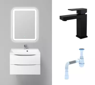Комплект: Мебель для ванной BelBagno Marino 70 bianco lucido + Смеситель Haiba HB10803-7 черный + Сифон АниПласт 110827+HB10803-7+C2015xrv