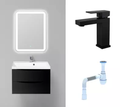 Комплект: Мебель для ванной BelBagno Marino 70 nero lucido + Смеситель Haiba HB10803-7 черный + Сифон АниПласт 110961+HB10803-7+C2015xrv