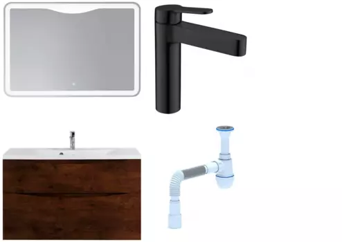 Комплект: Мебель для ванной BelBagno Marino H100 rovere moro + Смеситель для раковины BelBagno Delta DEL-LVM-NERO, черный + Сифон АниПласт 369031 + SNPDEL-LVM-NERO + C2015xrv