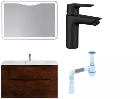 Комплект: Мебель для ванной BelBagno Marino H100 rovere moro + Смеситель Aquanet Static AF330-10B для раковины, чёрный + Сифон АниПласт 369031 + SNPAF330-10B + C2015xrv