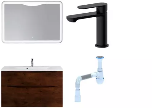 Комплект: Мебель для ванной BelBagno Marino H100 rovere moro + Смеситель для раковины Haiba HB10590-7, черный + Сифон АниПласт 369031 + SNPHB10590-7 + C2015xrv