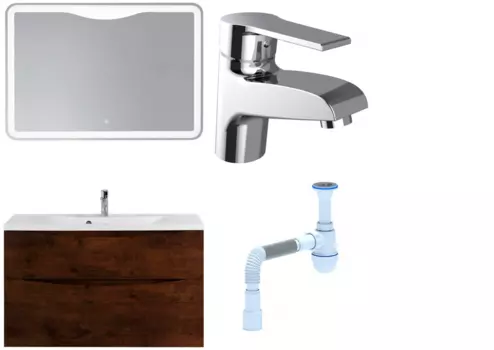 Комплект: Мебель для ванной BelBagno Marino H100 rovere moro + Смеситель Agger Right A2902100 для раковины, хром + Сифон АниПласт 369031 + SNPA2902100 + C2015xrv