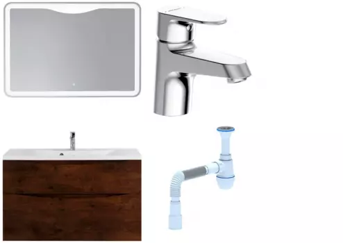 Комплект: Мебель для ванной BelBagno Marino H100 rovere moro + Смеситель Bravat Alfa F1120178CP для раковины, хром + Сифон АниПласт 369031 + SNPF1120178CP + C2015xrv