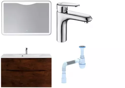 Комплект: Мебель для ванной BelBagno Marino H100 rovere moro + Смеситель Lemark Point LM0306C для раковины, хром + Сифон АниПласт 369031 + SNPLM0306C + C2015xrv