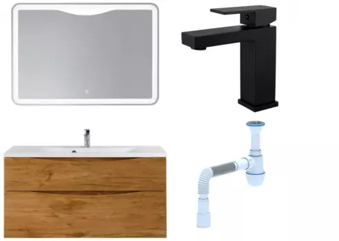 Комплект: Мебель для ванной BelBagno Marino H120 rovere nature + Смеситель для раковины Haiba HB10803-7, черный + Сифон АниПласт 369033 + SNPHB10803-7+ C2015xrv