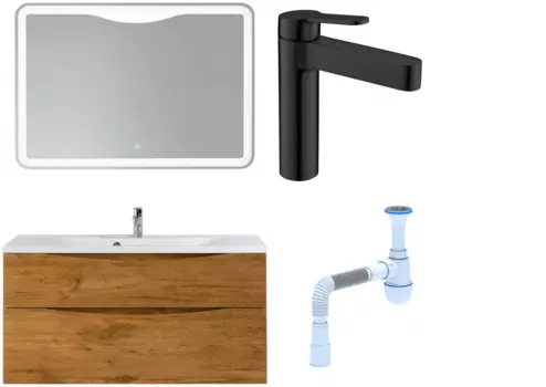 Комплект: Мебель для ванной BelBagno Marino H120 rovere nature + Смеситель для раковины BelBagno Delta DEL-LVM-NERO, черный + Сифон АниПласт 369033 + SNPDEL-LVM-NERO + C2015xrv