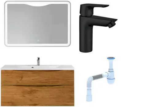Комплект: Мебель для ванной BelBagno Marino H120 rovere nature + Смеситель Aquanet Static AF330-10B для раковины, чёрный + Сифон АниПласт 369033 + SNPAF330-10B + C2015xrv