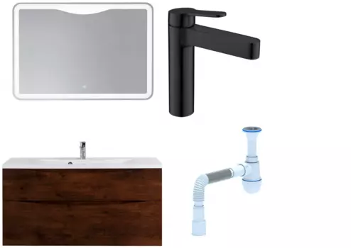 Комплект: Мебель для ванной BelBagno Marino H120 rovere moro + Смеситель для раковины BelBagno Delta DEL-LVM-NERO, черный + Сифон АниПласт 382138 + SNPDEL-LVM-NERO + C2015xrv