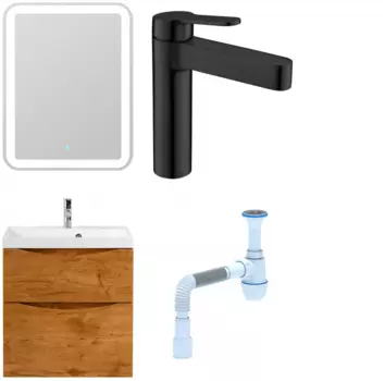 Комплект: Мебель для ванной BelBagno Marino H60 rovere nature + Смеситель для раковины BelBagno Delta DEL-LVM-NERO, черный + Сифон АниПласт 346804 + SNPDEL-LVM-NERO + C2015xrv