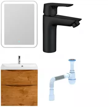 Комплект: Мебель для ванной BelBagno Marino H60 rovere nature + Смеситель Aquanet Static AF330-10B для раковины, чёрный + Сифон АниПласт 346804 + SNPAF330-10B + C2015xrv