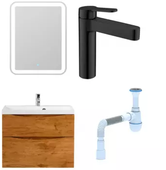 Комплект: Мебель для ванной BelBagno Marino H80 rovere nature + Смеситель для раковины BelBagno Delta DEL-LVM-NERO черный + Сифон АниПласт 346803 + SNPDEL-LVM-NERO + C2015xrv