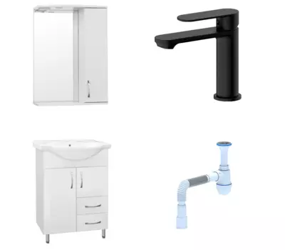 Комплект: Мебель для ванной Style Line Эко Стандарт №10/2 60 + Смеситель Haiba HB10590-7 черный + Сифон АниПласт 57865 + HB10590-7 + 128953