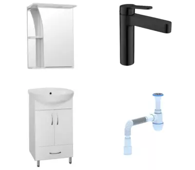Комплект: Мебель для ванной Style Line Эко Стандарт №9/1Б 50 + Смеситель BelBagno Delta DEL-LVM-NERO + Сифон АниПласт 57865 + DEL-LVM-NERO + 128953