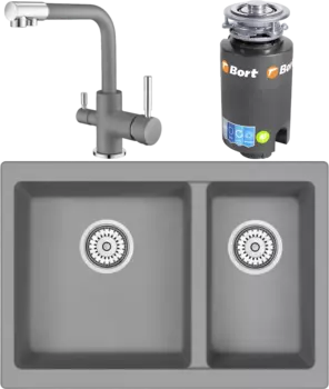 Комплект Мойка кухонная Emar Quartz + Смеситель 3003N.9 Алмаз + Измельчитель Bort Titan 4000 MSI-678467