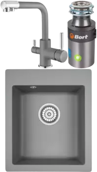 Комплект Мойка кухонная Emar Quartz + Смеситель 3003N.9 Алмаз + Измельчитель Bort Titan 4000 Plus MSI-678246