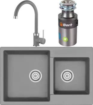 Комплект Мойка кухонная Emar Quartz + Смеситель 3004.9 Алмаз + Измельчитель Bort Titan 4000 Plus MSI-678469