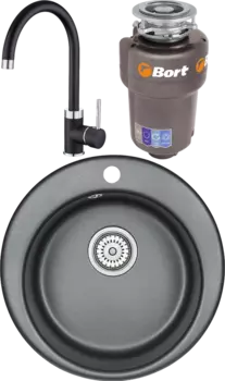 Комплект Мойка кухонная Emar Quartz + Смеситель 3004.12 Оникс + Измельчитель Bort Titan Max Power MSI-678261