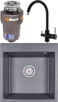 Комплект Мойка кухонная Emar Quartz + Смеситель 3007.12 Оникс + Измельчитель Bort Titan 5000 Control MSI-683630