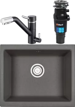 Комплект Мойка кухонная Emar Quartz + Смеситель 3008.12 Оникс + Измельчитель Bort Titan 7000 MSI-683632