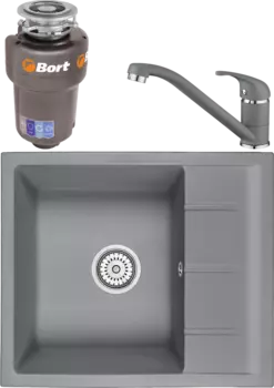 Комплект Мойка кухонная Emar Quartz + Смеситель 3009.9 Алмаз + Измельчитель Bort Titan 5000 Control MSI-683633