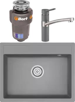Комплект Мойка кухонная Emar Quartz + Смеситель 3011.9 Алмаз + Измельчитель Bort Titan Max Power MSI-683819