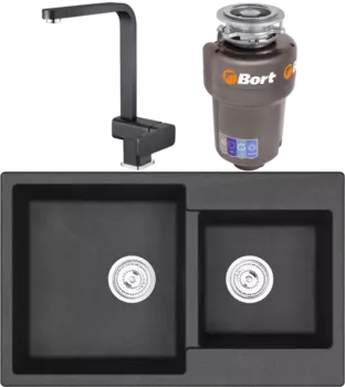 Комплект Мойка кухонная Emar Quartz + Смеситель 3014.12 Оникс + Измельчитель Bort Titan 5000 MSI-678470