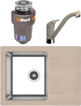 Комплект Мойка кухонная Florentina Комби 650 песочная + Смеситель Гамма FL песочный + Измельчитель Bort Titan 5000 Control MSI-683601
